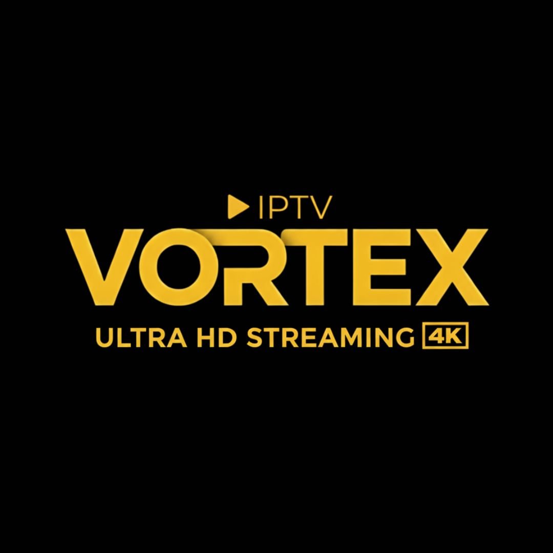 Logo pour un service de streaming appelé IPTV VORTEX. Le texte est jaune-doré sur fond noir et inclut le slogan « ULTRA HD STREAMING 4K ».