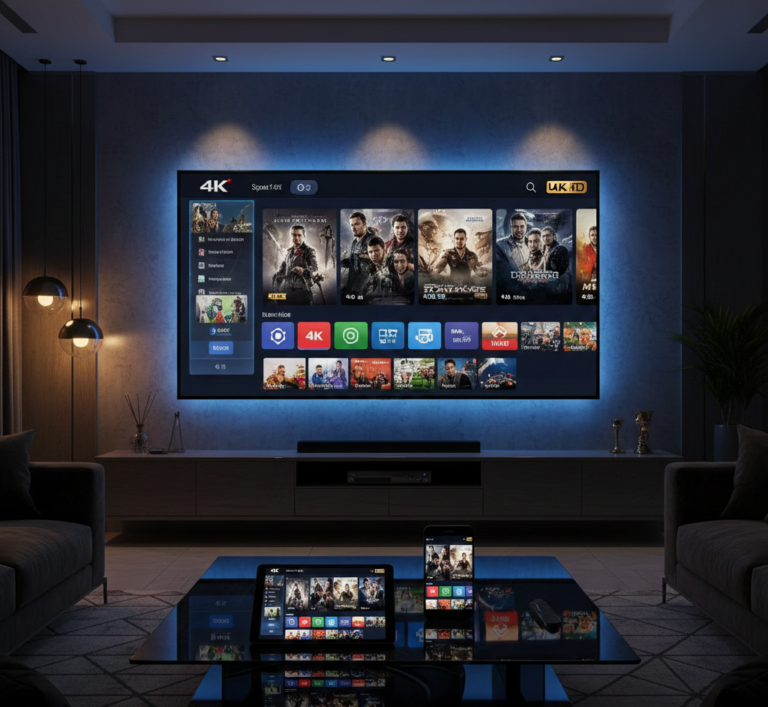 Un salon moderne plongé dans une ambiance tamisée montrant une télévision 4K IPTV abonnement 2026 fixée au mur avec un rétroéclairage LED bleu. L'écran affiche une interface de plateforme de streaming, synchronisée avec une tablette et un smartphone posés sur une table basse en verre au premier plan.