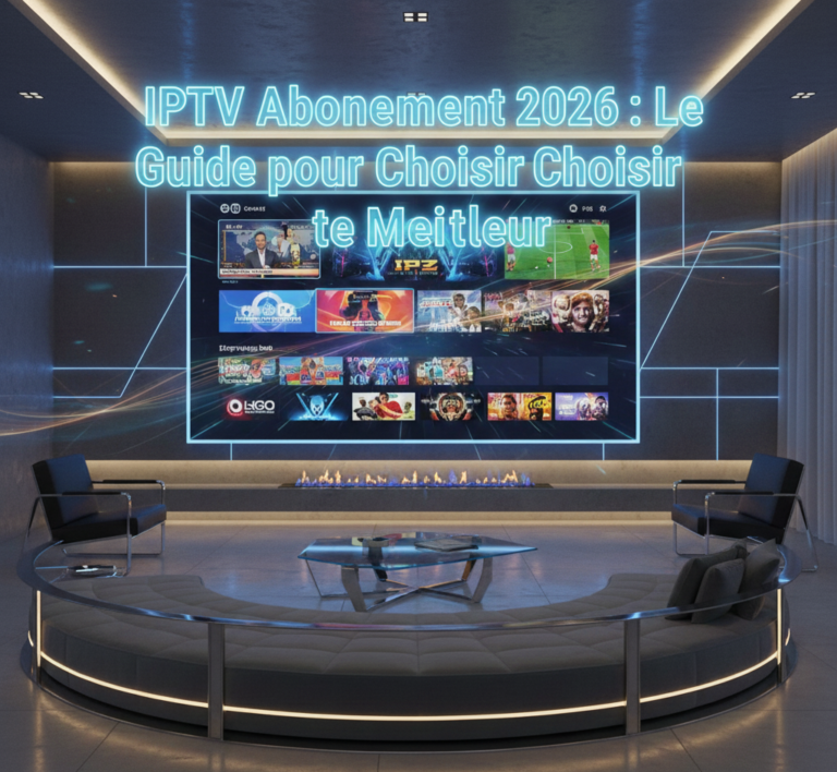 Interface premium d'un iptv abonnement 2026 affichée sur un écran TV 8K ultra-moderne dans un salon futuriste.