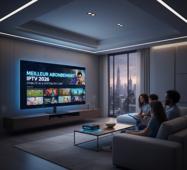 Interface TV moderne affichant le texte MEILLEUR ABONNEMENT IPTV 2026 avec une famille regardant un film en qualité 4K.