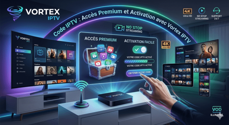 Graphique promotionnel Vortex IPTV illustrant l'activation facile d'un IPTV code premium sur TV, tablette et smartphone pour le streaming 4K.