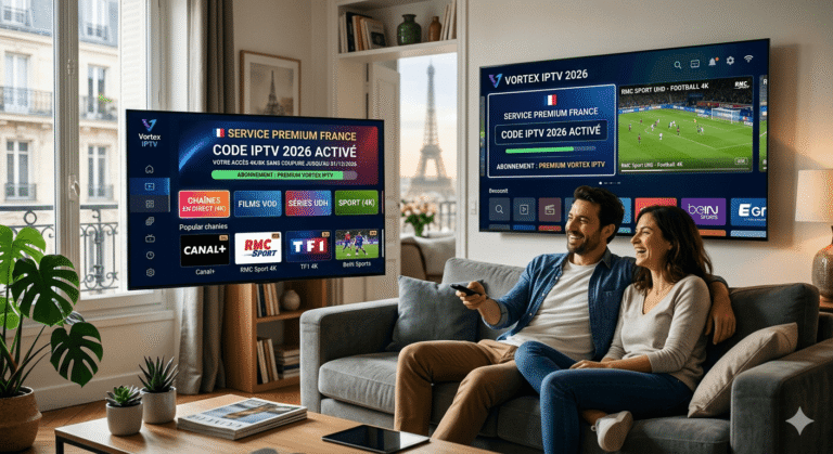 Interface Vortex IPTV 2026 sur TV à Paris, montrant l'activation du code premium pour le sport et les chaînes françaises en 4K.
