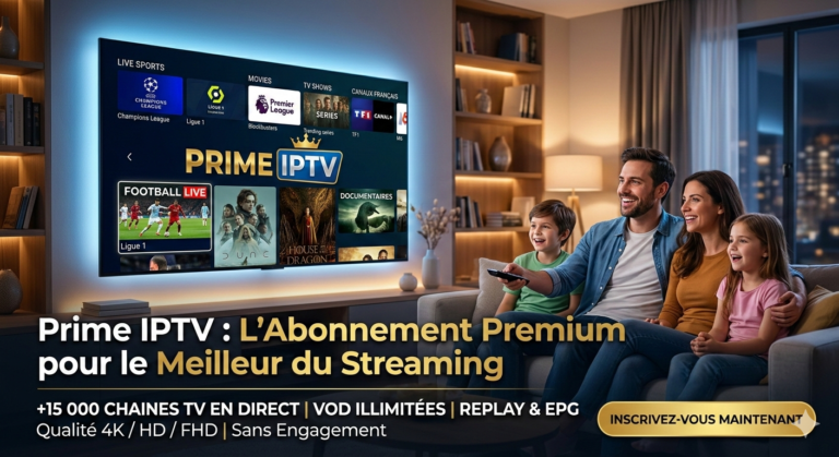 Une famille qui regarde la télévision avec l'interface PRIME IPTV affichée à l'écran, montrant des options de sport en direct et de films. Publicité pour l'abonnement streaming premium PRIME IPTV.