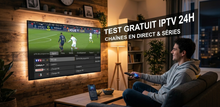 Une image publicitaire montrant un homme souriant assis sur un canapé, tenant une télécommande et regardant un grand téléviseur à écran plat dans un salon moderne. Le téléviseur affiche un match de football en direct avec une interface de menu IPTV superposée qui répertorie les chaînes et les catégories telles que TF1 HD, CANAL+ et L'Équipe HD. Un grand texte superposé sur l'image se lit : "TEST GRATUIT IPTV 24H CHAÎNES EN DIRECT & SÉRIES".