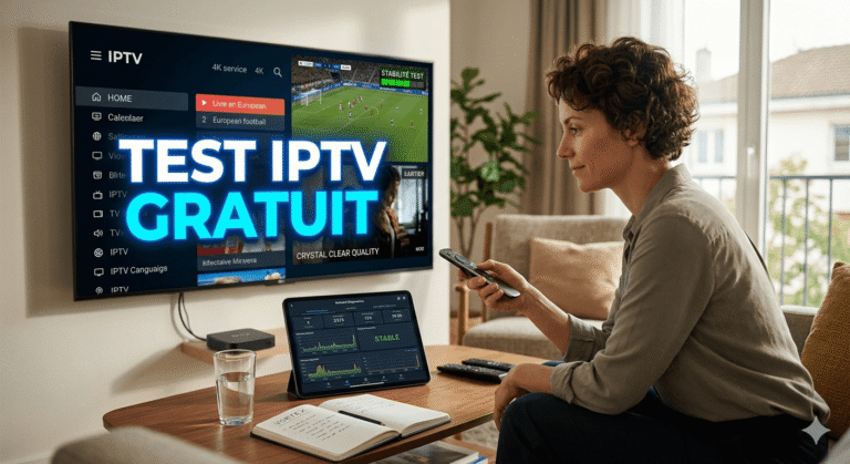 Une femme teste un service IPTV gratuit sur sa Smart TV avec un tableau de bord de stabilité sur une tablette dans son salon.