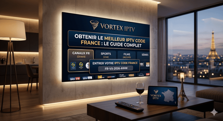 Un salon parisien luxueux et moderne à la tombée de la nuit, avec une télévision à écran plat grand format fixée au mur. L'écran affiche l'interface « Vortex IPTV », avec les mots « OBTENIR LE MEILLEUR IPTV CODE FRANCE : LE GUIDE COMPLET » et un champ d'entrée indiquant « ENTRER VOTRE IPTV CODE FRANCE » avec un code factice. De plus, une tablette sur la table basse montre également le logo Vortex IPTV et une carte de la France. L'arrière-plan offre une vue imprenable sur la Tour Eiffel illuminée à travers une grande fenêtre, soulignant le thème français de l'article.