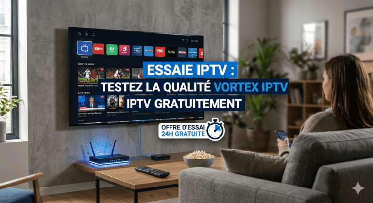 Une personne regardant un écran TV moderne avec l'interface Vortex IPTV. Le texte affiché en surimpression propose un essaie IPTV gratuit pour tester la qualité sans coupure, incluant sport, films et actualités.