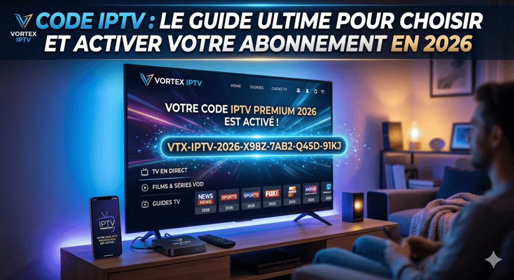 Interface Vortex IPTV affichant l'activation réussie d'un code IPTV premium 2026 sur une Smart TV dans un salon moderne.